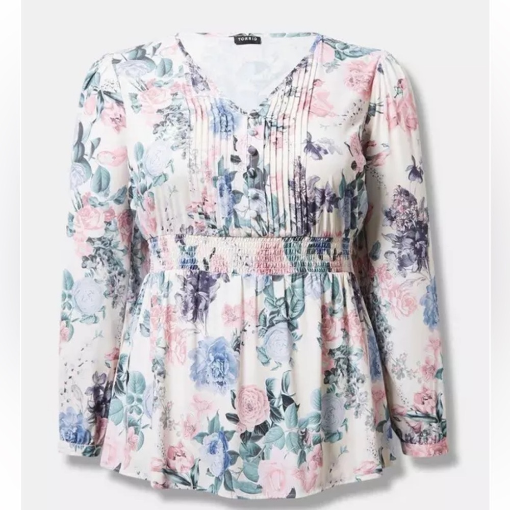 New! Torrid sz 4 Harmonic Floral Dew Babydoll Georgette Pintuck Long‎ Sleeve 4X